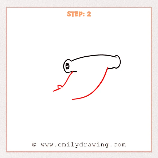 how to draw a hammerhead shark - Step 2 of a hammerhead shark drawing, adding a long belly curve and a slanted guide with a small triangle for the pectoral fin.